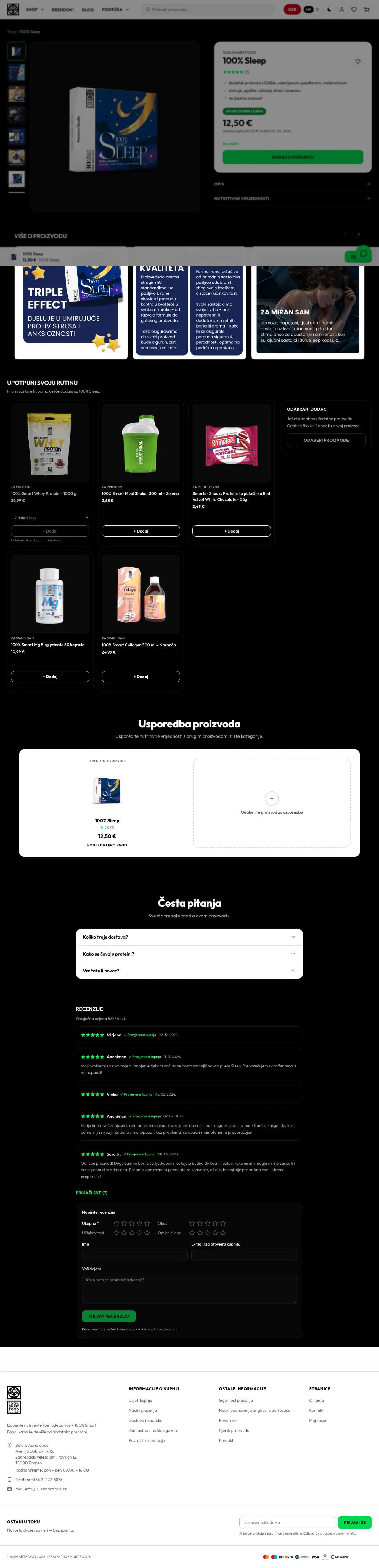 Stranica proizvoda 100% Sleep: galerija, kupovni okvir s cijenom i sidrenom cijenom, recenzije i harmonike s opisom.