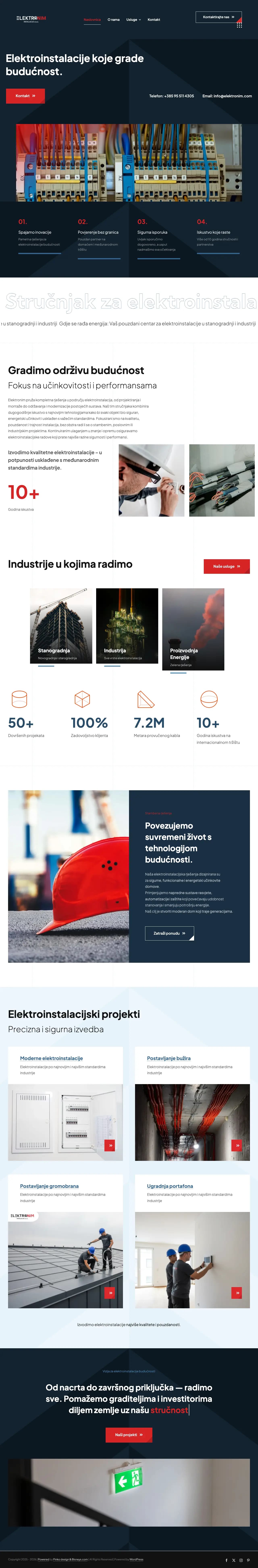 Cijela naslovnica Elektronim Instalacija: hero, usluge, industrije, projekti i podnožje s kontaktom.