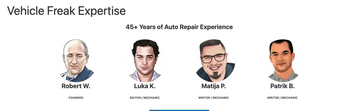 Sekcija „Vehicle Freak Expertise” na portalu: četiri ilustrirana portreta uredničkog tima s imenima i ulogama — osnivač, urednik te dvojica pisaca, među kojima Matija P.